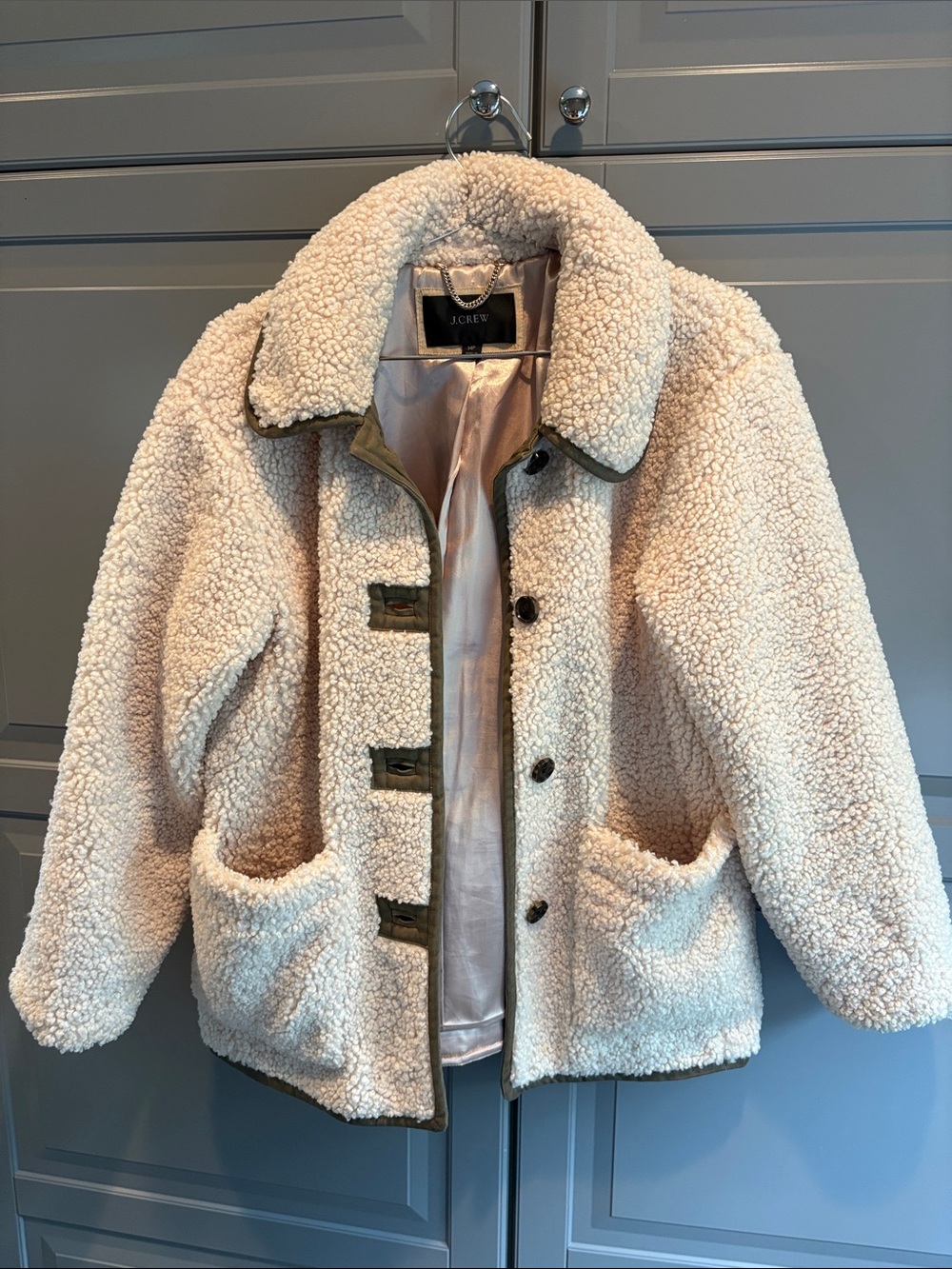 J. Crew Cream Sherpa Coat with Contrast Trim